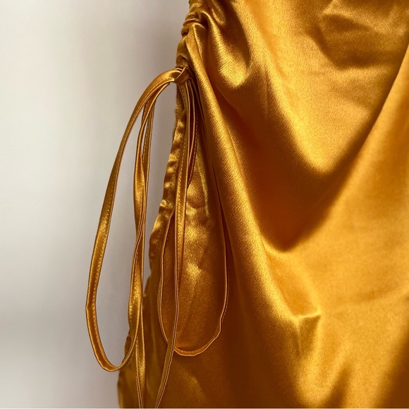 Mustard Midi Spaghetti Strap Bodycon Drawstring Ruched Side Slit Dress| Small - Picture 5 of 11
